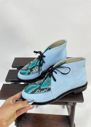 Шикарные стильные ботинки туфли лоферы из натуральной замши и кожи под питон на шнурках1 фото