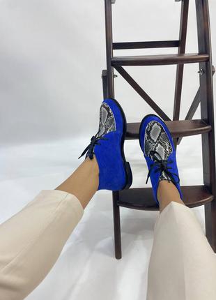 Туфли лоферы , ботинки на итальянской замше ,с комбинацией кожи под питон на шнурках