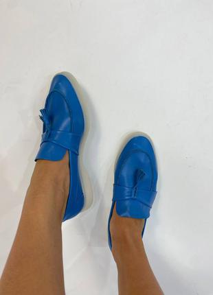 Туфли лоферы с кисточками из итальянской кожи синий электрик5 фото