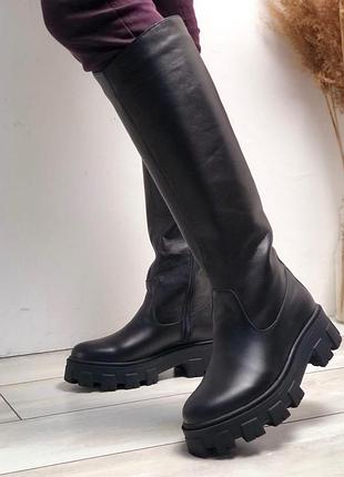 Чоботи труби з натуральної шкіри на танкетці