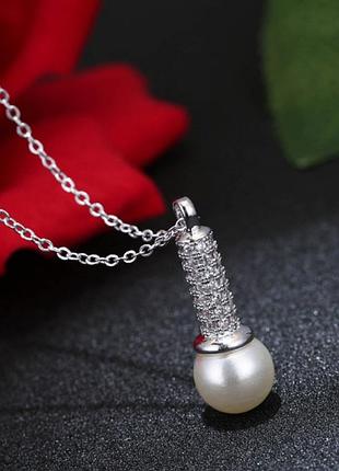 Цепочка с кулоном микрофон с фианитами и жемчугом, серебряное покрытие 925 пробы