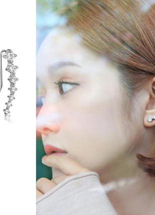 Серьги длинные до середины ушка с камнями разных размеров, серебряное покрытие 925 пробы