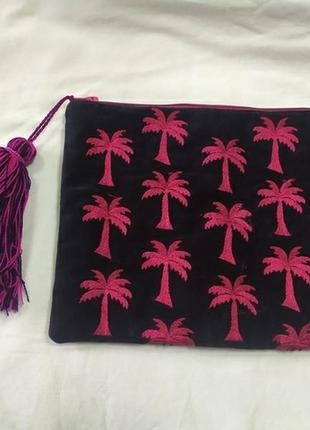 Бархатная косметичка - клатч с вышивкой пальмы и кисточкой. 27x20см1 фото