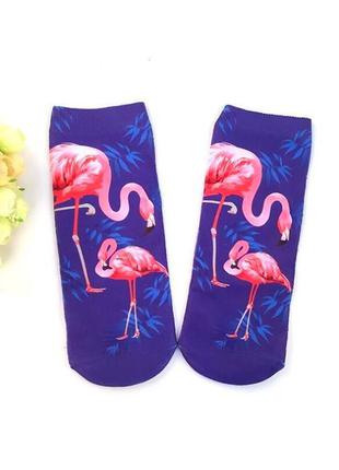 Красочные фиолетовые носки носочки с ярким рисунком "розовый фламинго-9" стоячие на ножках шеей шея