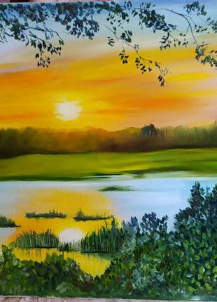 Картина захід сонця на річці полотно олія