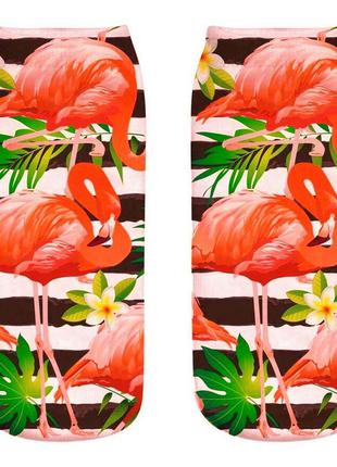 Красочные полосатые черные с белым носочки с ярким рисунком "розовые фламинго-5 в зеленых листьях"1 фото