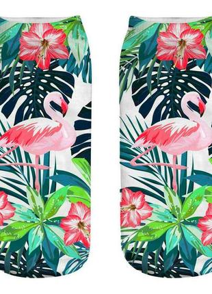 Разноцветные заметные носки носочки с ярким рисунком "розовый фламинго в джунглях цветах" 15997