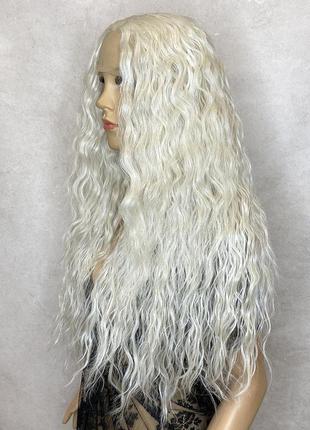 Перука на сітці lace front wig блонд білий довгий кучерявий термостійкий / перука біла довга кучерява3 фото