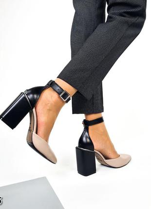 Туфли пудра+черная пяточка натуральная кожа каблук 9 см3 фото