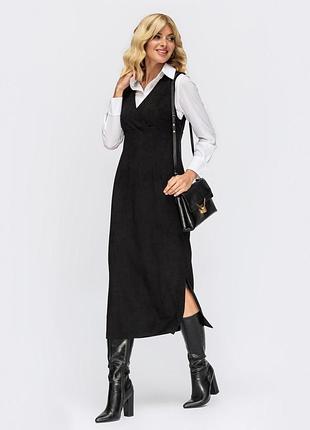 Сарафан чорний замшевий для офісу довгий міді нижче колін з розрізами під рубашку чорний