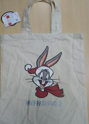 Сумка, тканевая, шоппер, белая, хлопок, с рождественским принтом, c&a