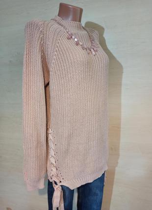 Хлопковый бежево-розовый крупной вязки  реглан джемпер свитер с завязками на боках vila4 фото
