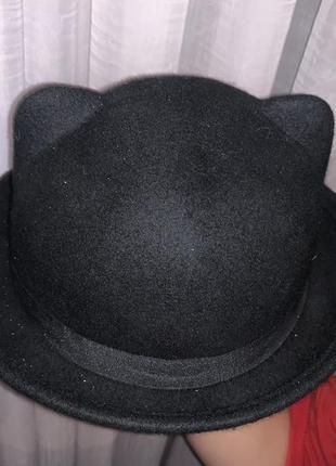 Фетровая шапка женская,котелок,с ушками,чёрная,осеняя шапка.детская,подростковая шапочка1 фото