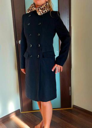 Пальто чёрное чорне леопардовый воротник меховый