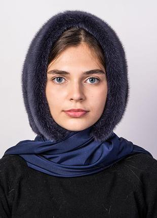 Синій капор на голову з хутра норки