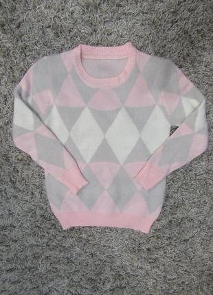 Тёплый свитерок розово-бело-серый