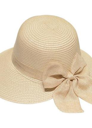Солнцезащитная шляпа соломенная женская с красивым бантом кремовая10 фото