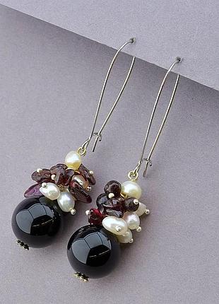 Серьги женские натуральные камни гранат , агат , жемчуг , сережки