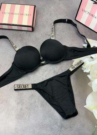 Комплект женский victoria’s secret model rhinestone двойка топ+трусики черный4 фото