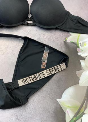 Комплект женский victoria’s secret model rhinestone двойка топ+трусики черный7 фото