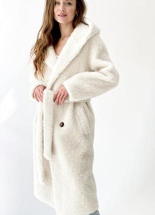 Натуральна біла шуба з капюшоном зі 100% мериноса