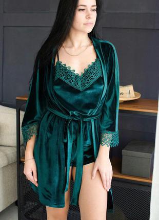 S комплект 031 christel бархатистый майка шорты пижама халат зеленый1 фото