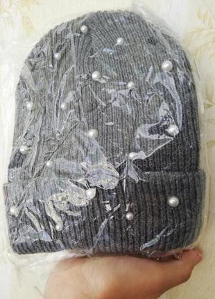 Шапка женская серая чёрная вязка с подворотом6 фото