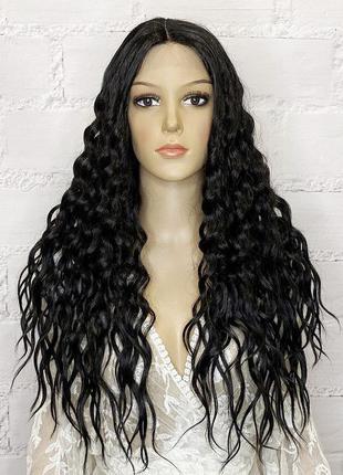 Перука на сітці lace front wig чорний довгий кучерявий / перука на сітці довга чорна кучерява1 фото