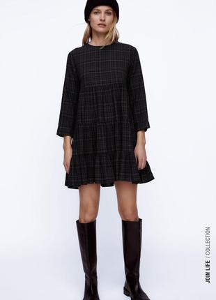 Платье zara сукня чёрное короткое мини осень базовое широкое в клетку м-л-с зара