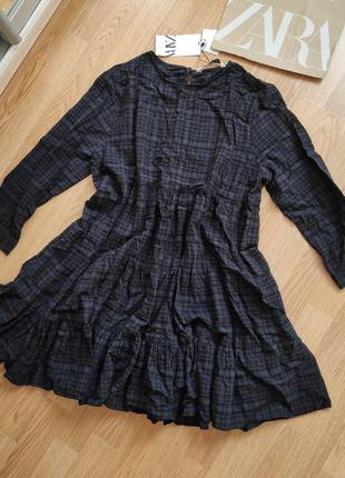 Платье zara сукня чёрное короткое мини осень базовое широкое в клетку м-л-с зара7 фото