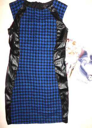 Теплое комбинированное платье футляр принт гусиная лапка шерсть  и кожзам2 фото