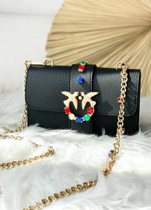 Pinko black diamonds bag женская брендовая стильная черная маленькая сумочка на цепях с камнями жіноча чорна стильна сумка з прикрасами