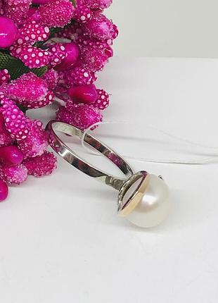 Кольцо серебряное родированное с жемчугом 925 пробы серебро +золото каблучка срібло перстень 18;19р