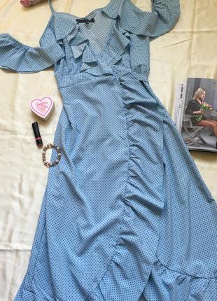 Платье на запах в горошек голубого цвета платье в пол жіноча довга сукня4 фото