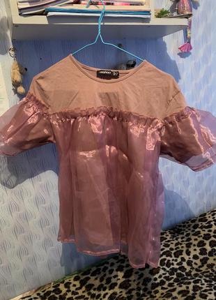 Футболка-блузка,сорочка з органзи,рожева,топ,блуза,шкільна футболка,офіс,корпоратив.