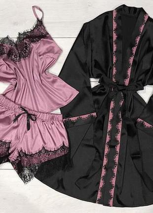 Женская домашняя одежда комплект тройка с лиловой пижамой.