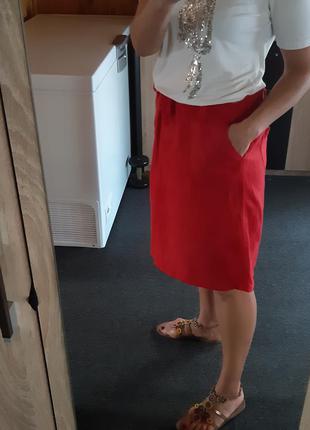 Красная льняная юбка миди , с карманами , m&s, p. 143 фото