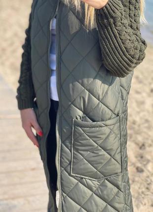 Пальто женское длинное миди на синтепоне с вязанными рукавами деми весна осень куртка4 фото
