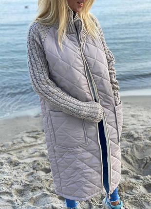 Куртка пальто женское длинное на синтепоне с вязанными рукавами деми весна осень5 фото