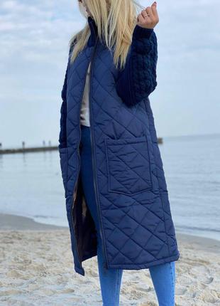 Куртка пальто женское длинное на синтепоне с вязанными рукавами деми весна осень7 фото
