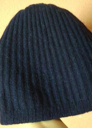 Распродажа!! шапка бини в рубчик темно синего цвета из шерсти.2 фото