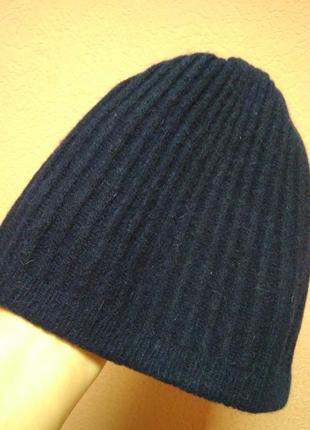Распродажа!! шапка бини в рубчик темно синего цвета из шерсти.3 фото