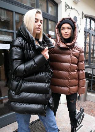 Куртка модная зимняя женская длинный пуховик с эко кожи wear me4 фото