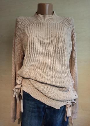 Хлопковый бежево-розовый крупной вязки  реглан джемпер свитер с завязками на боках vila2 фото
