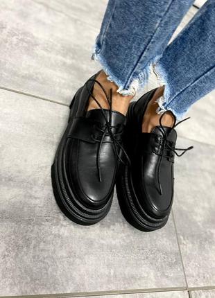 Туфли лоферы натуральная кожа черный 974 мокасины ботинки оксфорды на высокой подошве3 фото