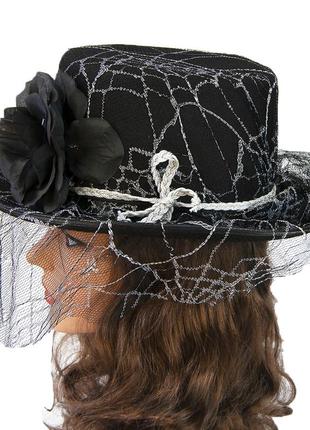 Дизайнерська чорний капелюх з квіткою і вуаллю стімпанк вікторіанська + подарунок3 фото
