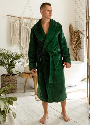 Велюровый мужской домашний халат, длинный зеленый банный халат на запах