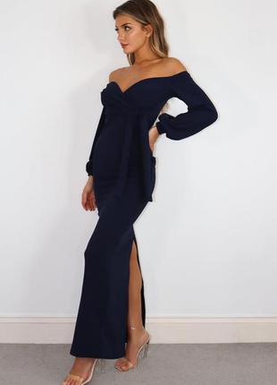 Missguided платье темно синее длинное макси в пол с открытыми плечами новое с вырезом вечернее1 фото