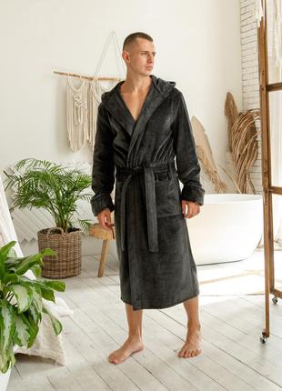 Велюровий чоловічий домашній халат, темно-сірий банний халат на запах5 фото
