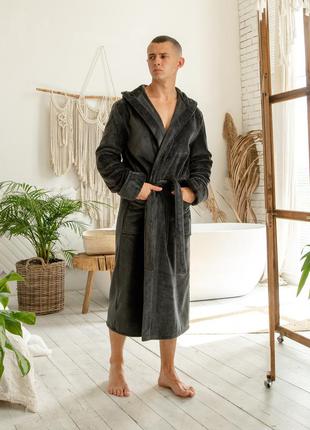 Велюровый мужской домашний халат, темно-серый банный халат на запах9 фото